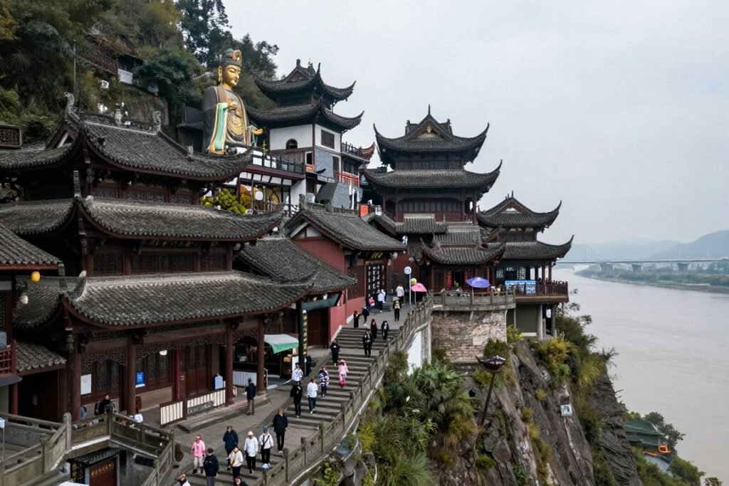 Fengdu Ghost City temples on mountain with river below