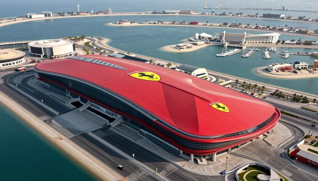 Ferrari World Abu Dhabi theme park with iconic red roof