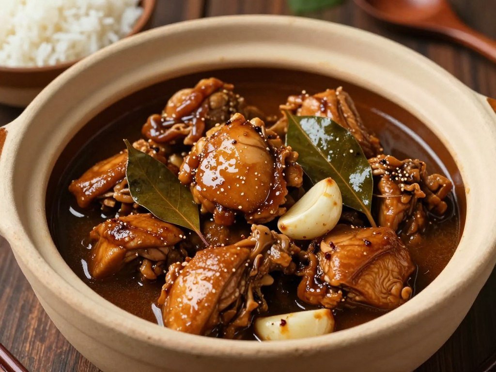 Filipino chicken adobo in dark sauce with bay leaves
