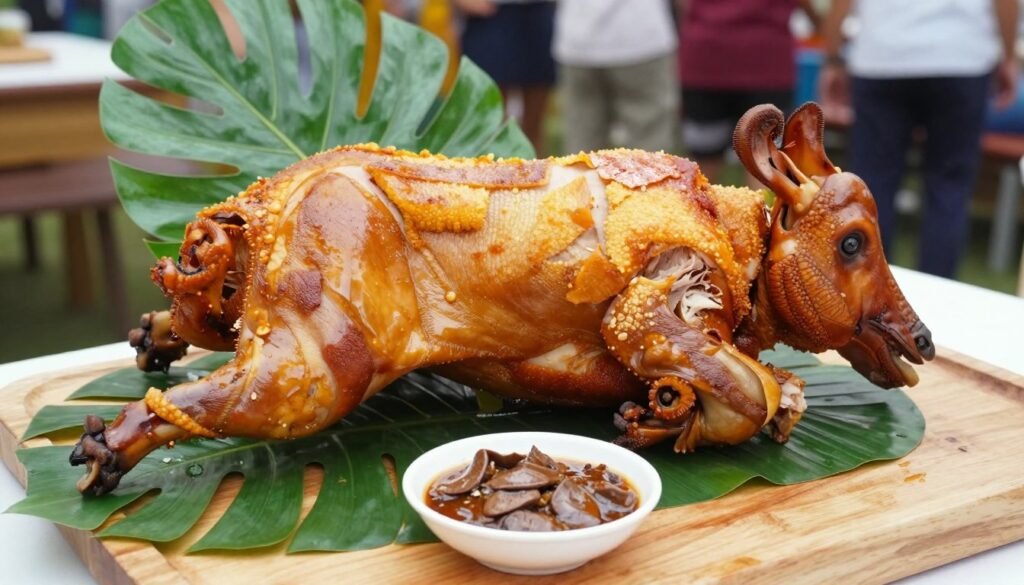 Filipino lechon roasted pig with crispy skin
