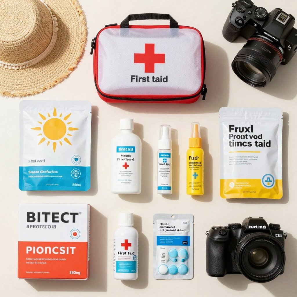 First aid kit and sun protection essentials for beach travel