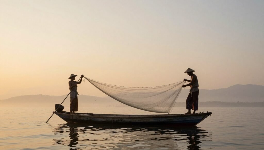 Fishermen on traditional boat with nets at sunrise