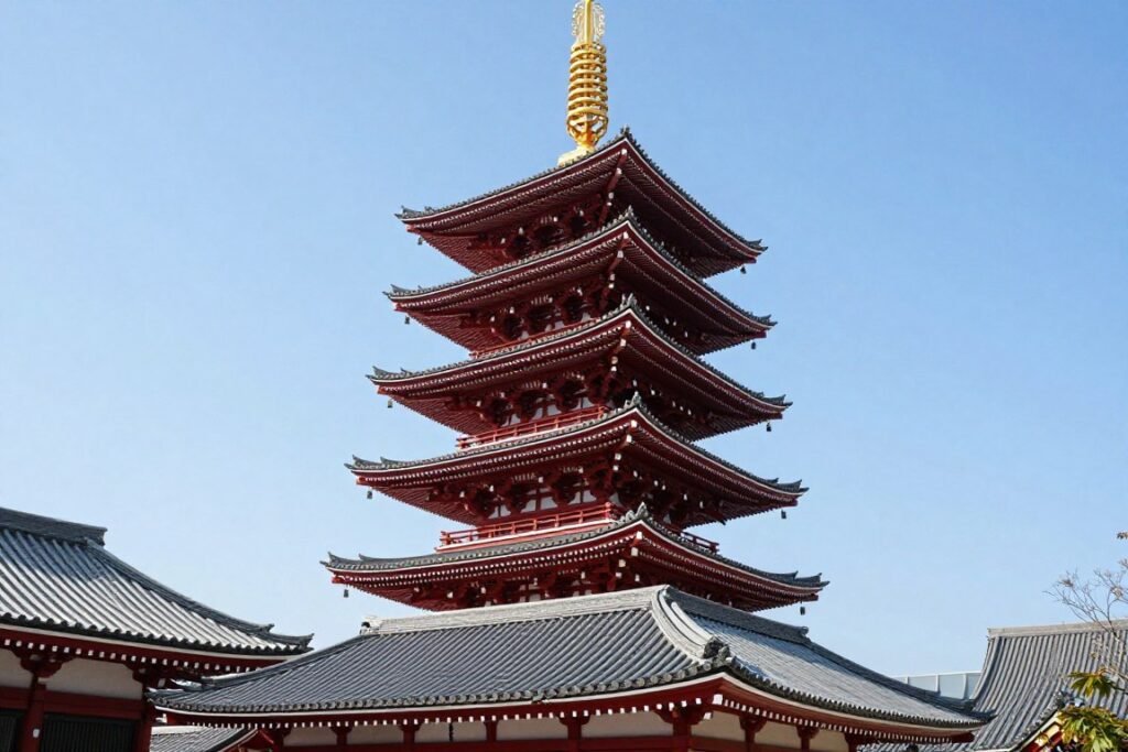 Five-story pagoda at Senso-ji Temple against blue sky
