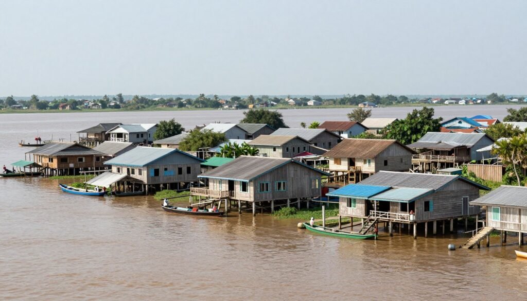 Floating village houses on Tonle Sap Lake with boats Floating village houses on Tonle Sap Lake with boats