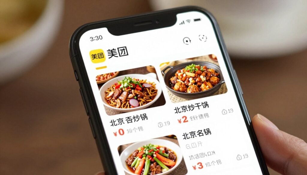 Food delivery app interface showing Beijing restaurant options with Chinese dishes