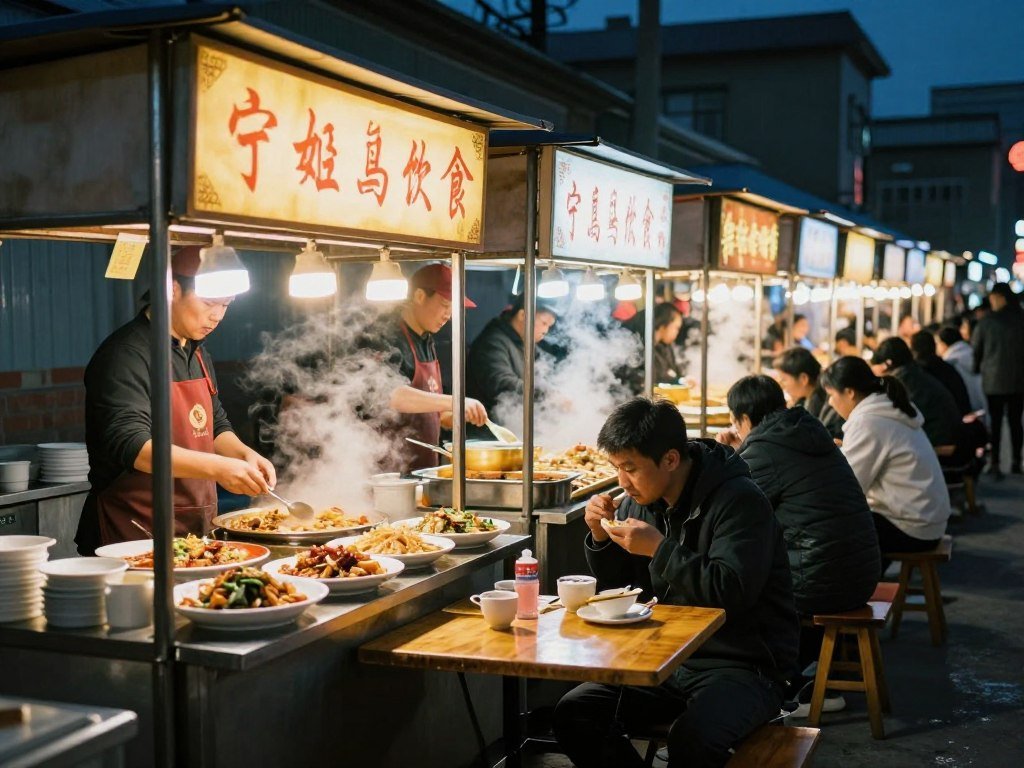 Food stalls at Ningxia Night Market serving traditional Taiwanese dishes Food stalls at Ningxia Night Market serving traditional Taiwanese dishes