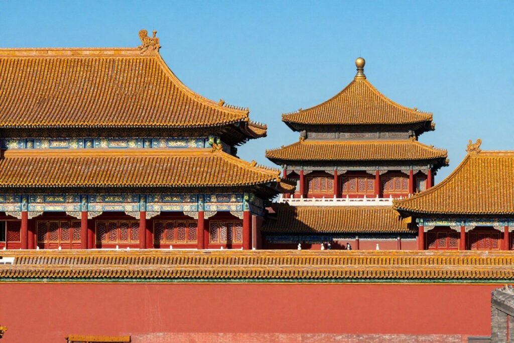 Forbidden City imperial palace complex with traditional red walls and golden roofs Forbidden City imperial palace complex with traditional red walls and golden roofs