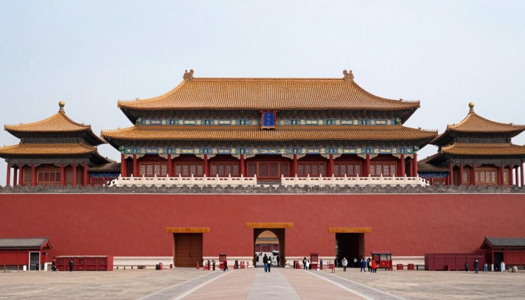 Forbidden City main entrance with crowds of tourists and traditional red palace walls Forbidden City main entrance with crowds of tourists and traditional red palace walls