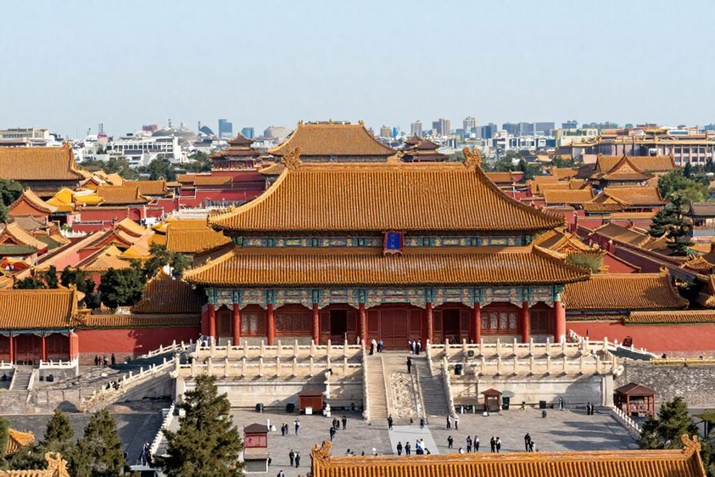 Forbidden City palace buildings with traditional Chinese architecture and golden roofs