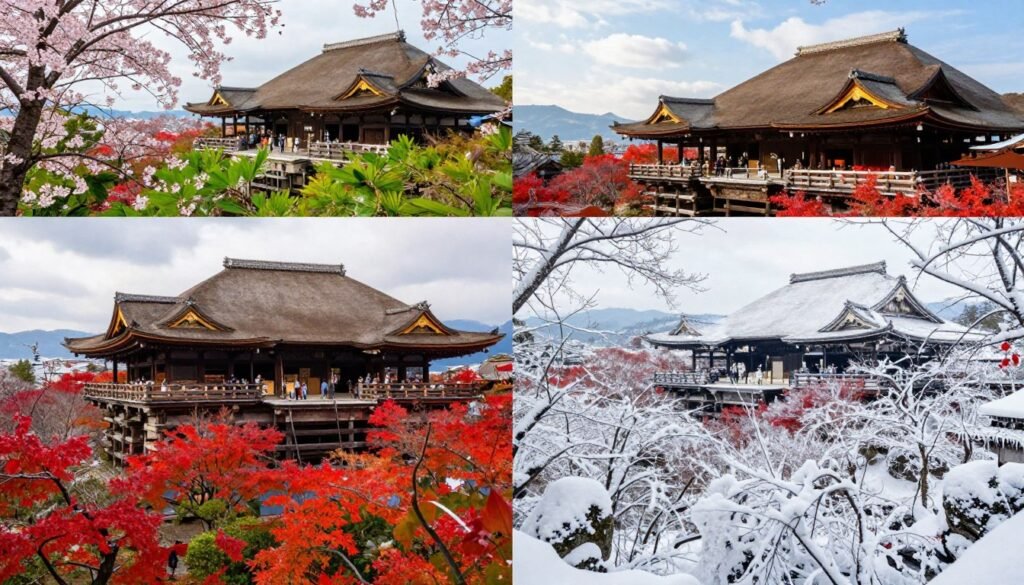Four seasons collage showing Kyoto temples in spring, summer, autumn and winter Four seasons collage showing Kyoto temples in spring, summer, autumn and winter