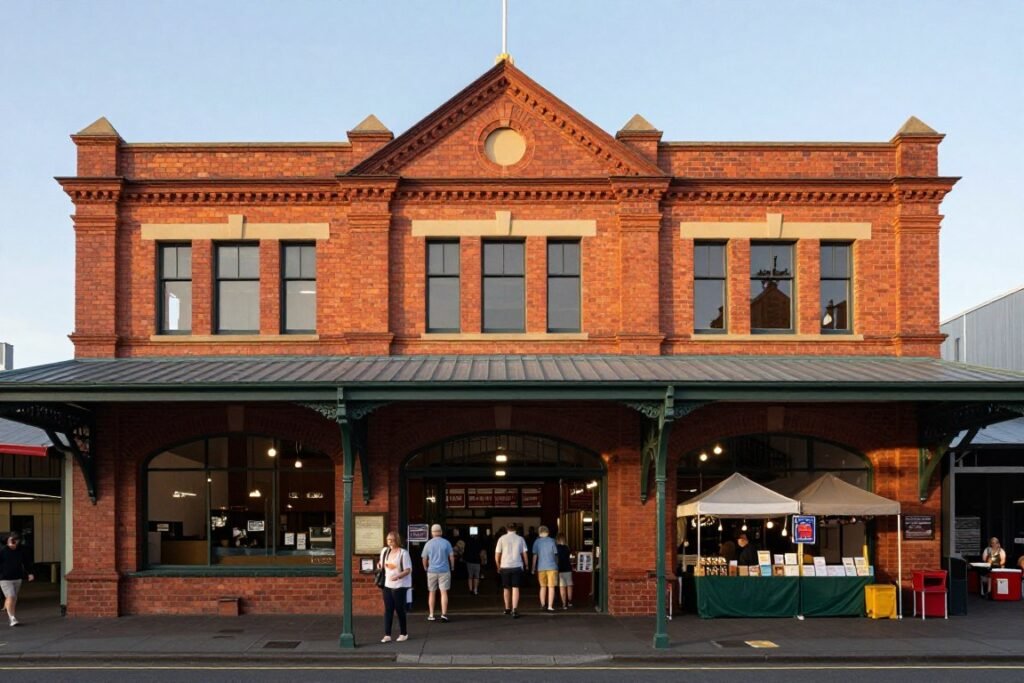 Fremantle Markets historic building exterior with shoppers entering
