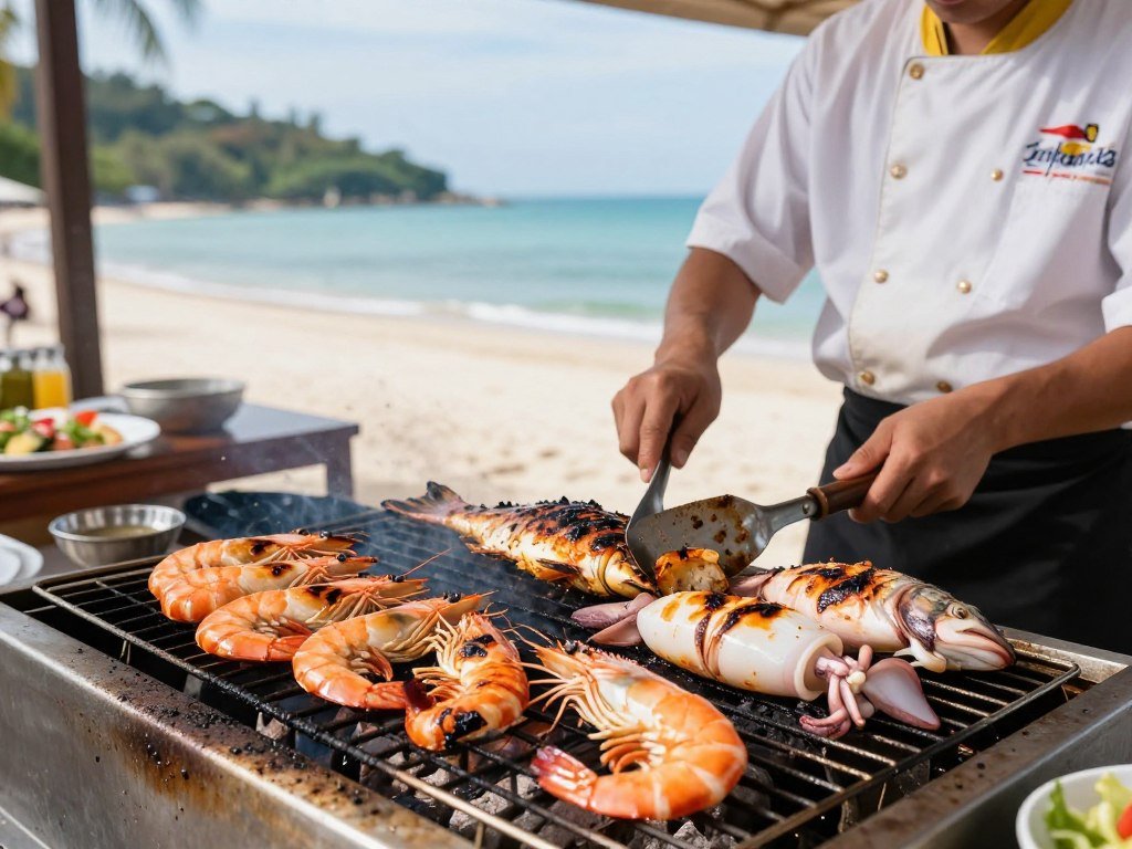 Fresh Thai seafood grilled at beachfront restaurant in Koh Samui