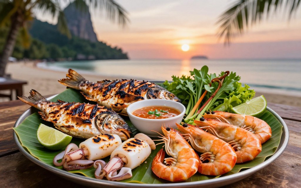 Fresh grilled seafood platter on Krabi beach restaurant table