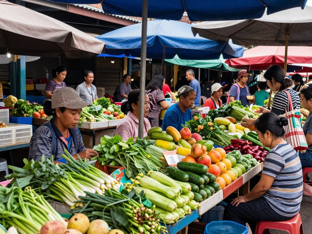 Fresh produce and local vendors at Thanon Ton Phayom morning market in Chiang Mai Fresh produce and local vendors at Thanon Ton Phayom morning market in Chiang Mai