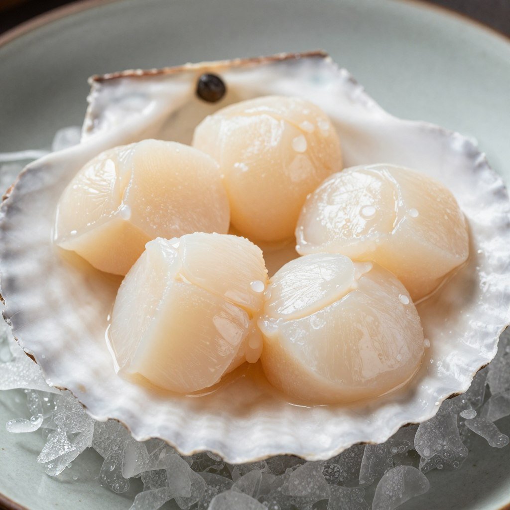Fresh scallop sashimi on half shell