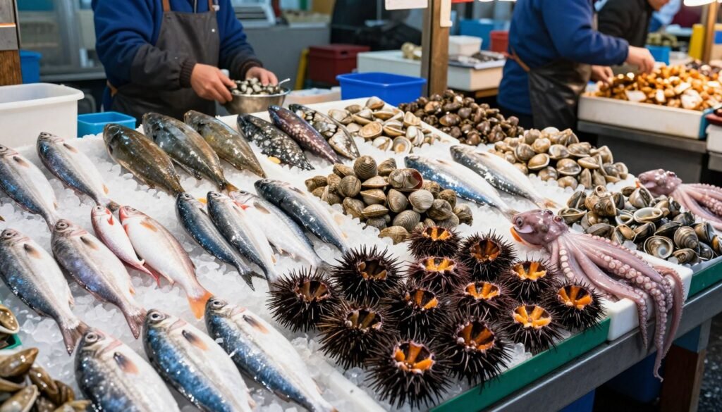 Fresh seafood display at Jeju fish market with variety of ocean catches