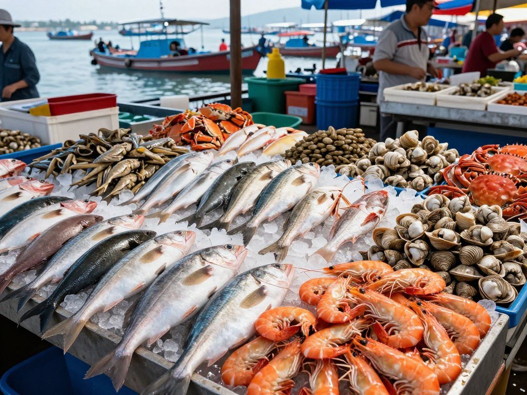 Fresh seafood display at Mui Ne fish market with variety of catches