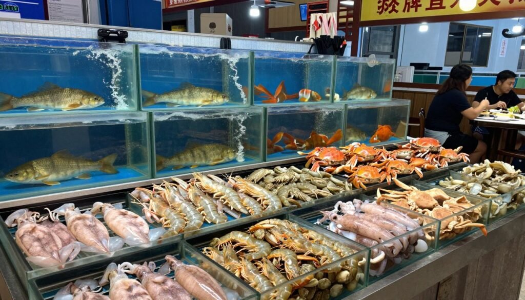 Fresh seafood display at Phu Quoc restaurant with live catches