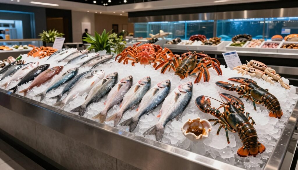 Fresh seafood display counter at Addiction Aquatic Development Fresh seafood display counter at Addiction Aquatic Development