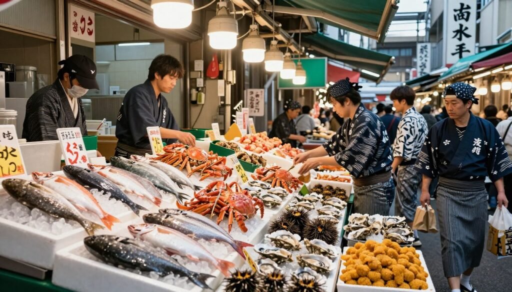 Fresh seafood displays at Kuromon Ichiba Market