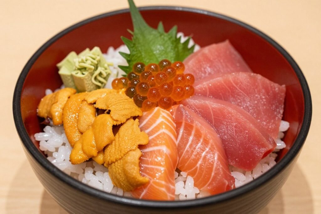 Fresh seafood donburi bowl from Otaru market