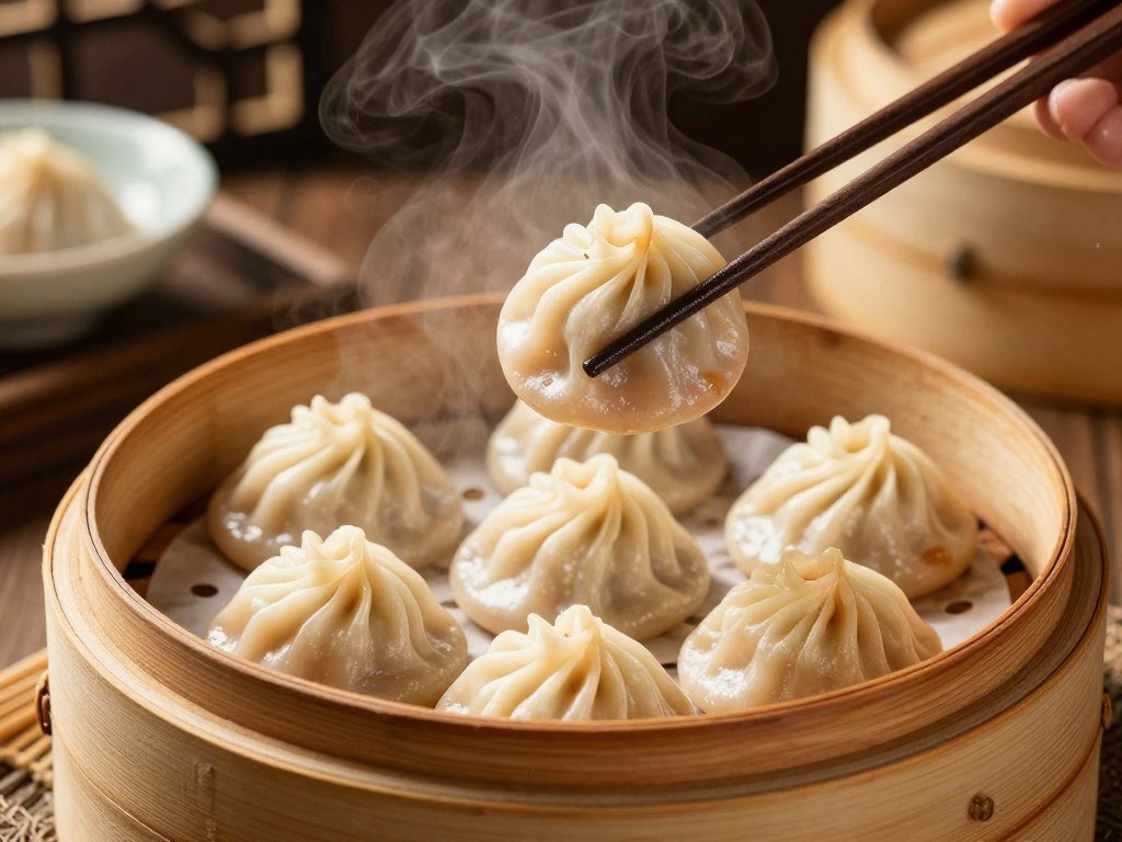 Fresh steamed xiaolongbao soup dumplings in traditional bamboo steamer basket