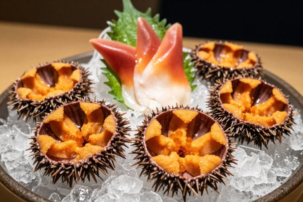 Fresh uni sea urchin sashimi on ice