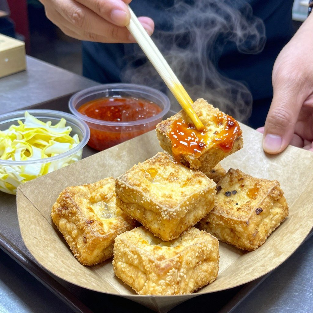 Fried stinky tofu with pickled cabbage and sauce at night market