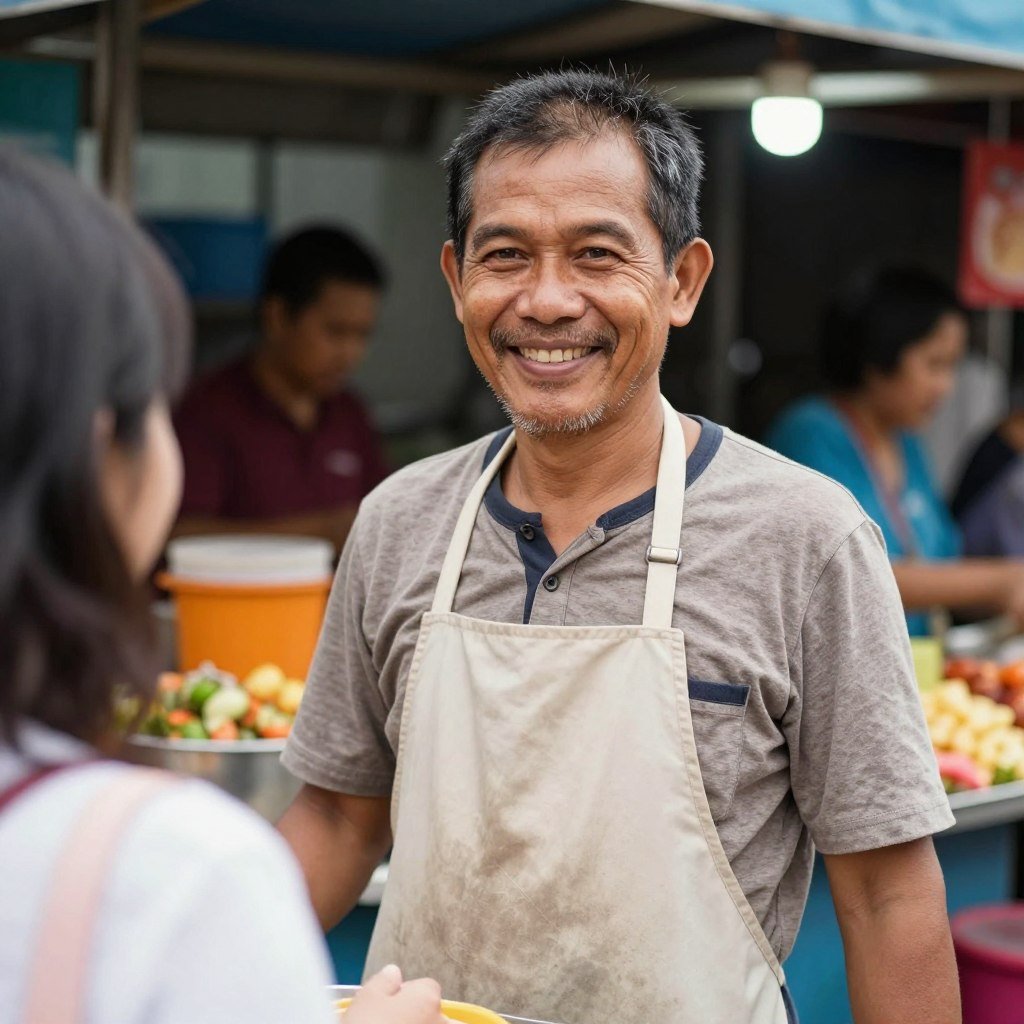 Friendly Malaysian vendor at street food stall smiling at customer
