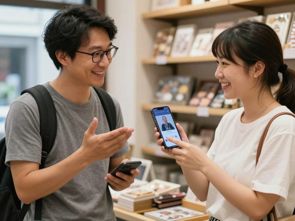 Friendly interaction between tourist and local shopkeeper using translation app Friendly interaction between tourist and local shopkeeper using translation app