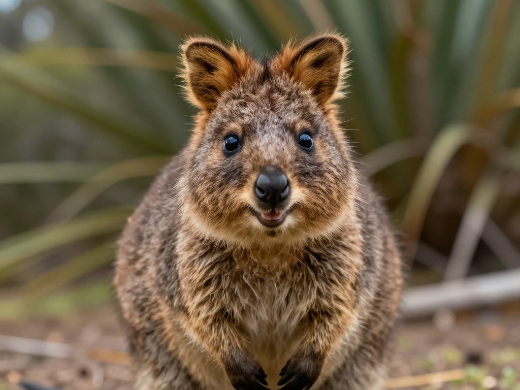 Friendly quokka on Rottnest Island looking at camera with characteristic smile