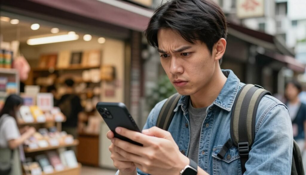 Frustrated tourist troubleshooting smartphone connectivity or payment issue in Taiwan Frustrated tourist troubleshooting smartphone connectivity or payment issue in Taiwan