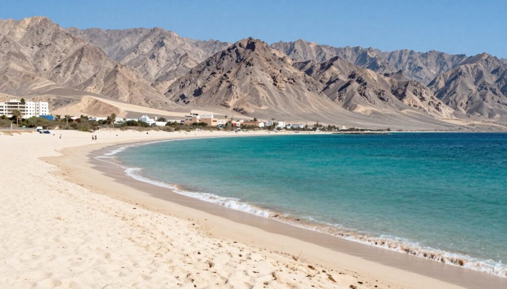 Fujairah coastline with Hajar Mountains and beaches Fujairah coastline with Hajar Mountains and beaches