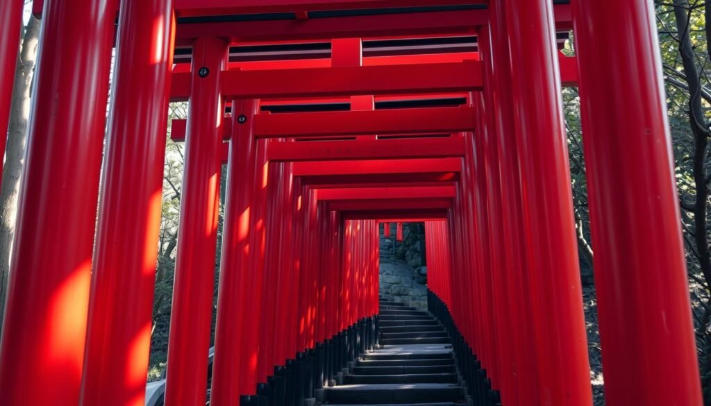 Fushimi Inari Shrine's famous red torii gates pathway in Kyoto, Japan