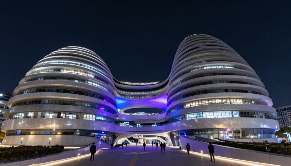 Futuristic silver curved architecture of Dongdaemun Design Plaza illuminated at night