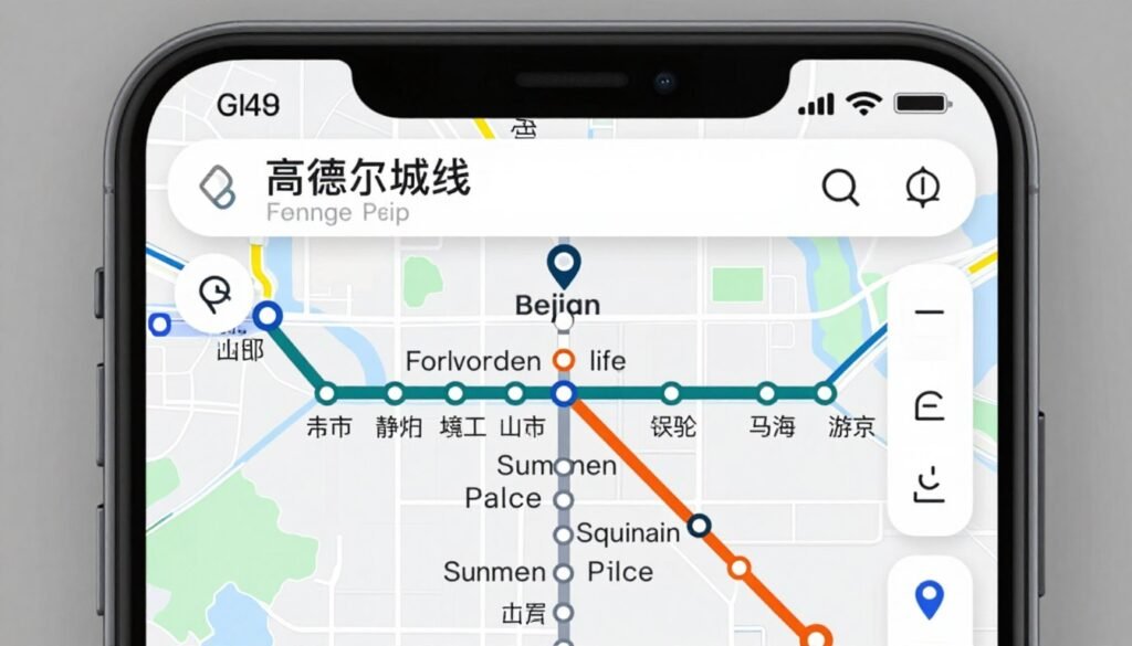 GaoDe Maps app showing Beijing subway navigation with English interface