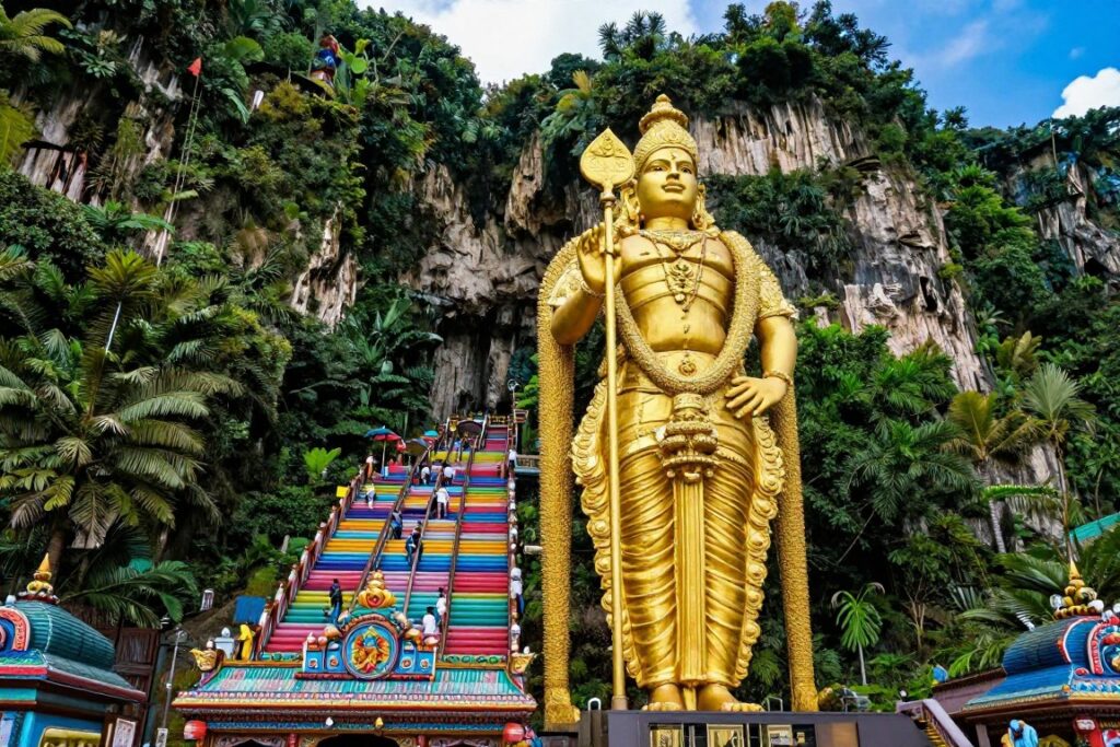 Giant golden statue at Batu Caves entrance with colorful stairs in Kuala Lumpur