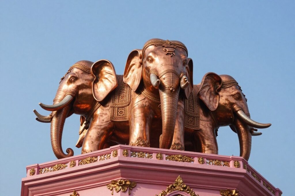 Giant three-headed elephant statue structure towering over ornate museum building in Bangkok