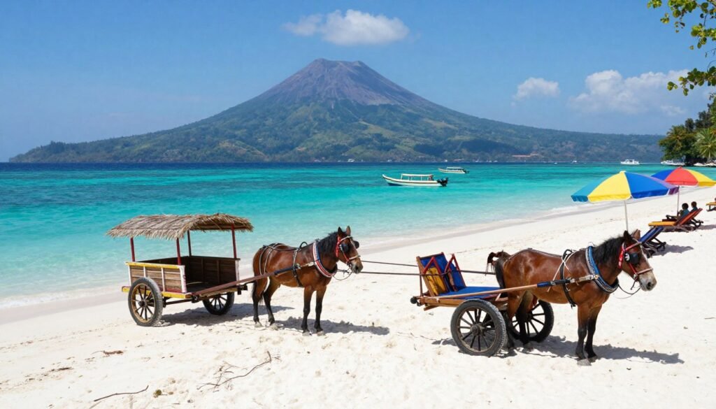 Gili Trawangan beach with horse carts and turquoise water Gili Trawangan beach with horse carts and turquoise water