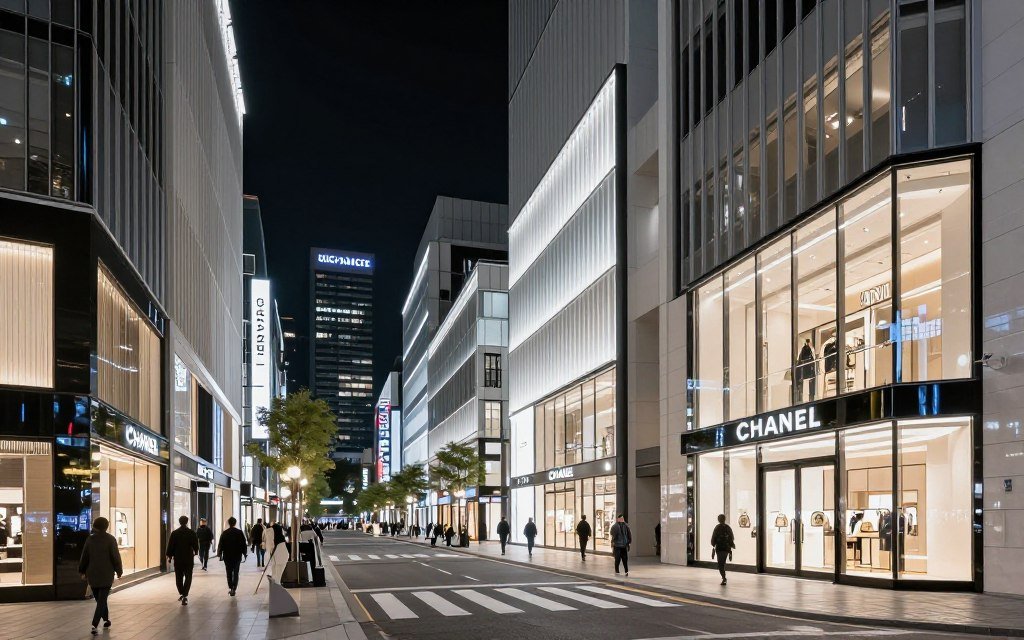 Ginza luxury brand flagship stores at night