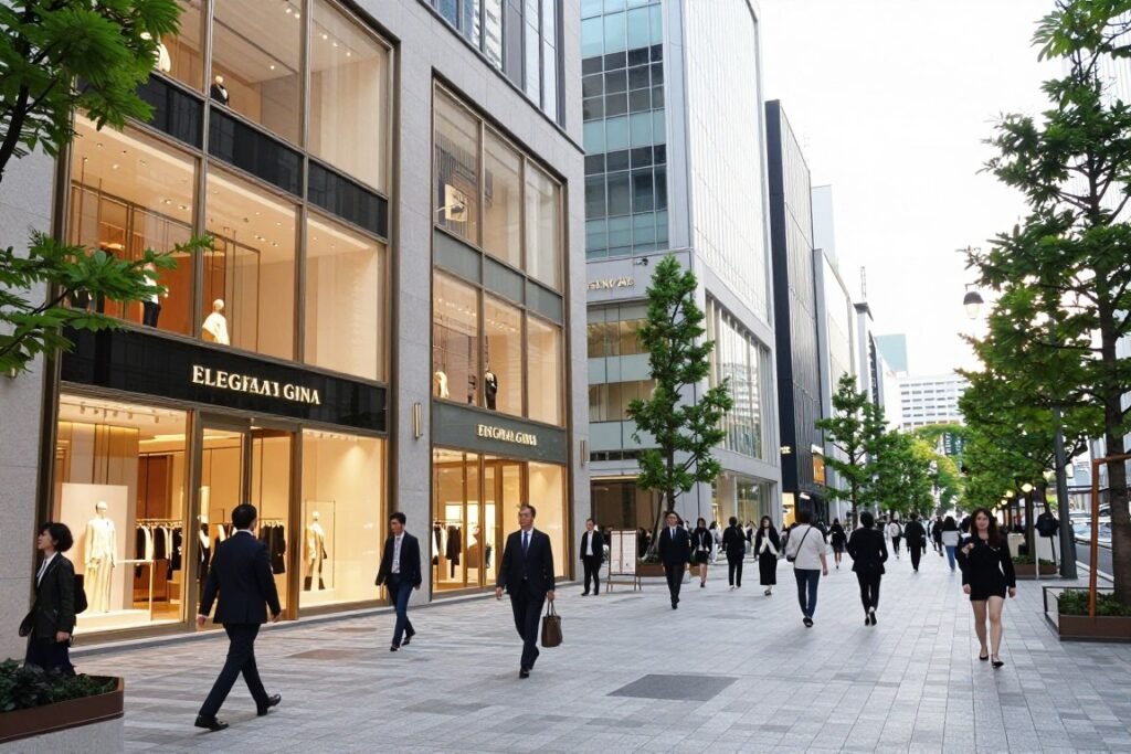 Ginza shopping street with luxury boutiques and pedestrians