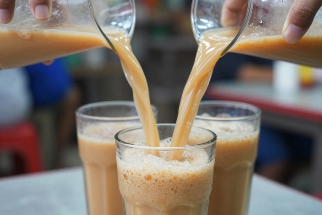 Glass of teh tarik Malaysian pulled milk tea with frothy top showing local drink