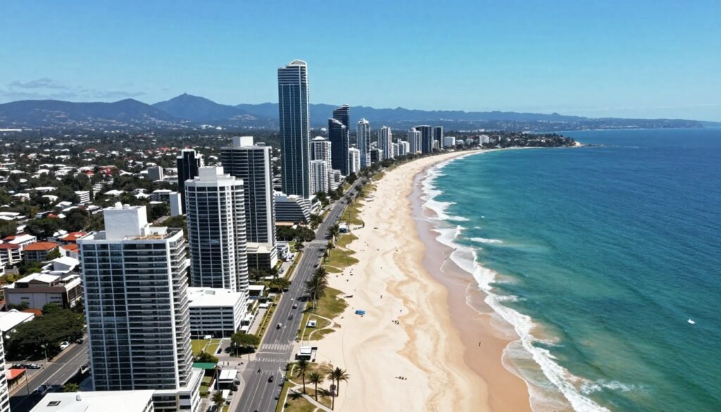 Gold Coast aerial view showing beaches, city, and hinterland mountains