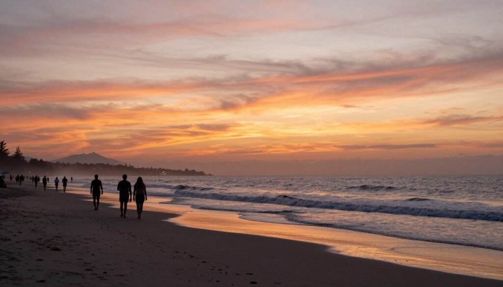 Gold Coast beach view at sunset with people walking along the shore