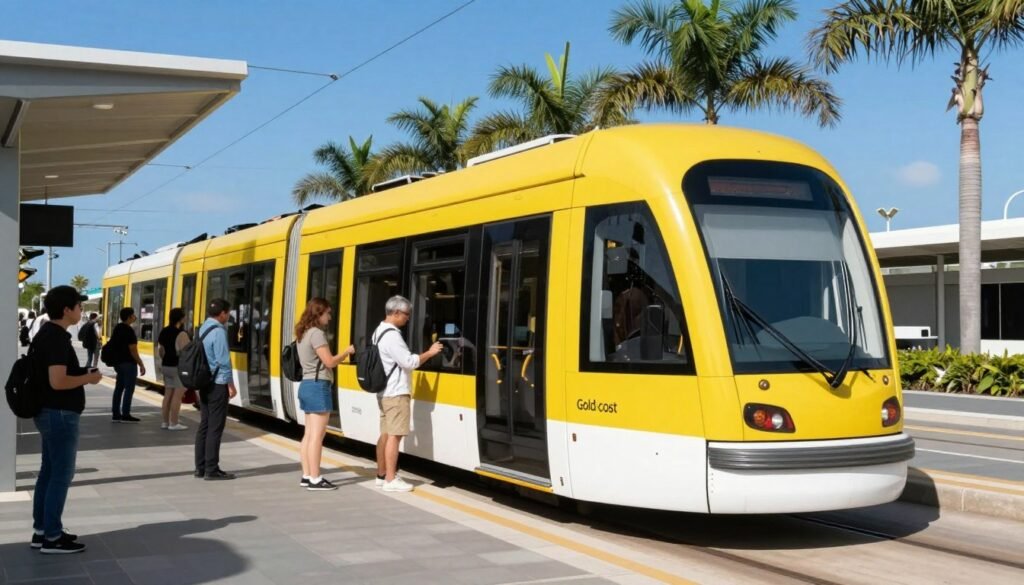 Gold Coast light rail tram at station with passengers boarding