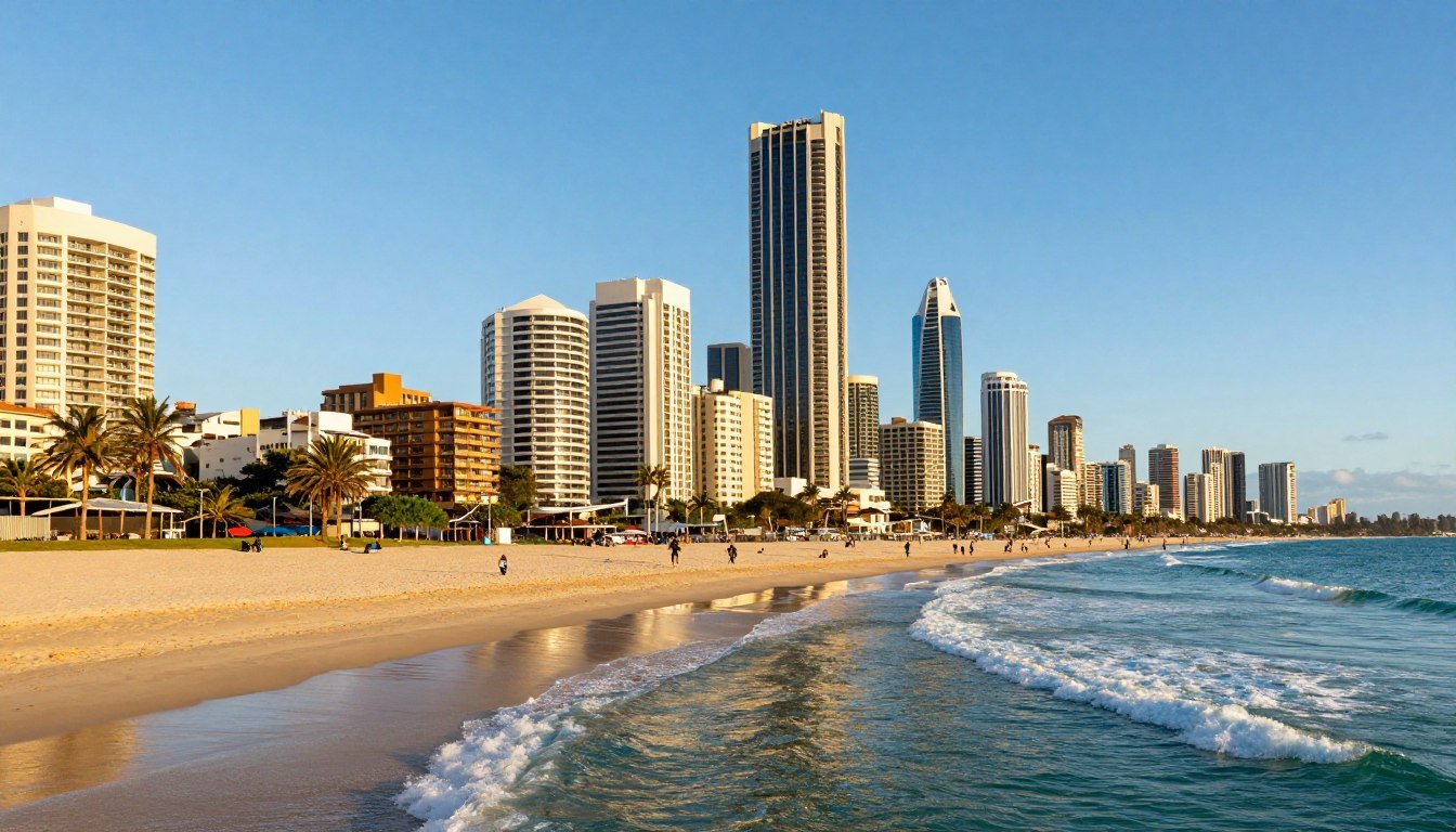 Gold Coast skyline featuring Surfers Paradise beach and high-rise buildings at sunset