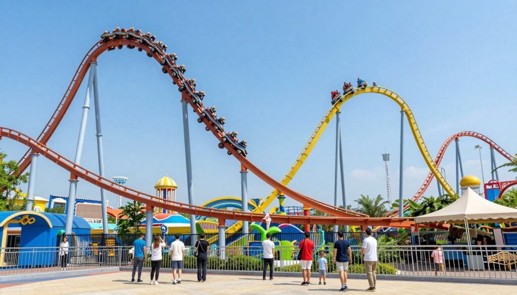 Gold Coast theme park with roller coaster and crowds of visitors