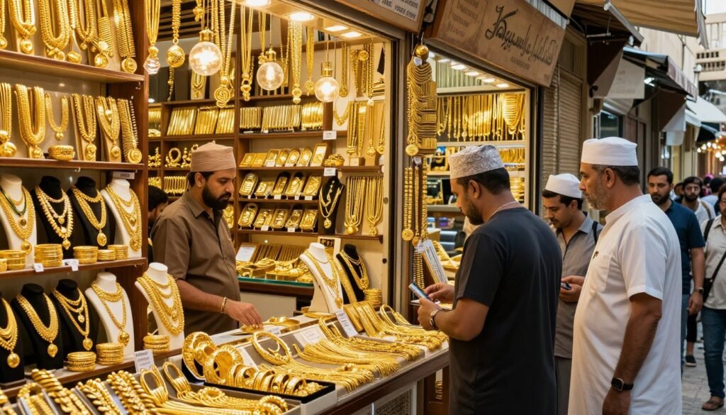 Gold Souk Dubai displaying abundant jewelry in traditional market Gold Souk Dubai displaying abundant jewelry in traditional market