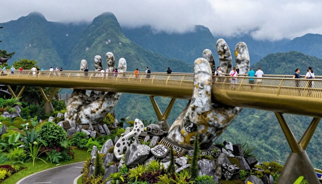 Golden Bridge at Ba Na Hills held by giant stone hands with mountain views