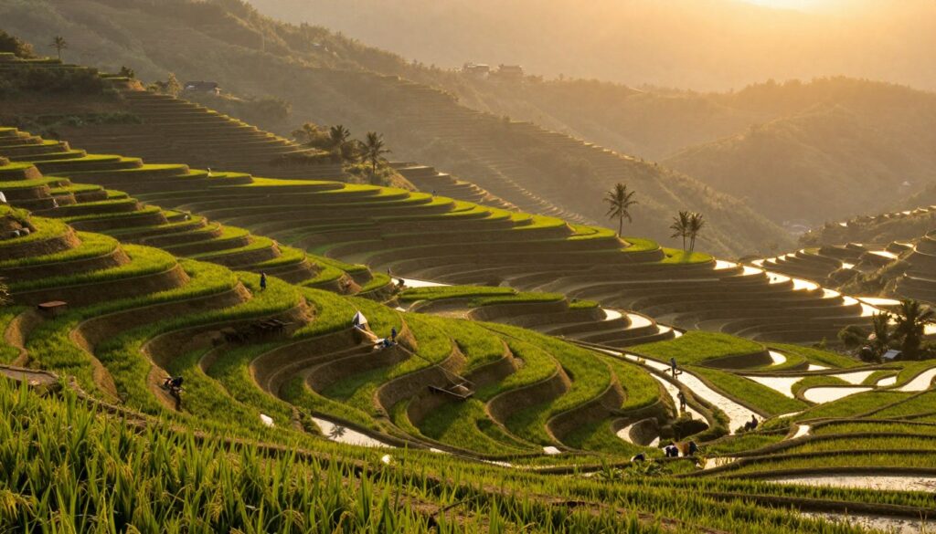 Golden hour light on Bali rice terraces